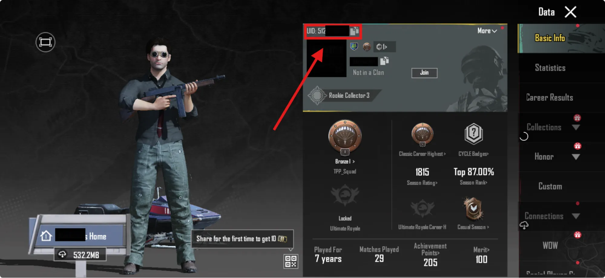 PUBG Mobile profile Data panel showing UID above the avatar