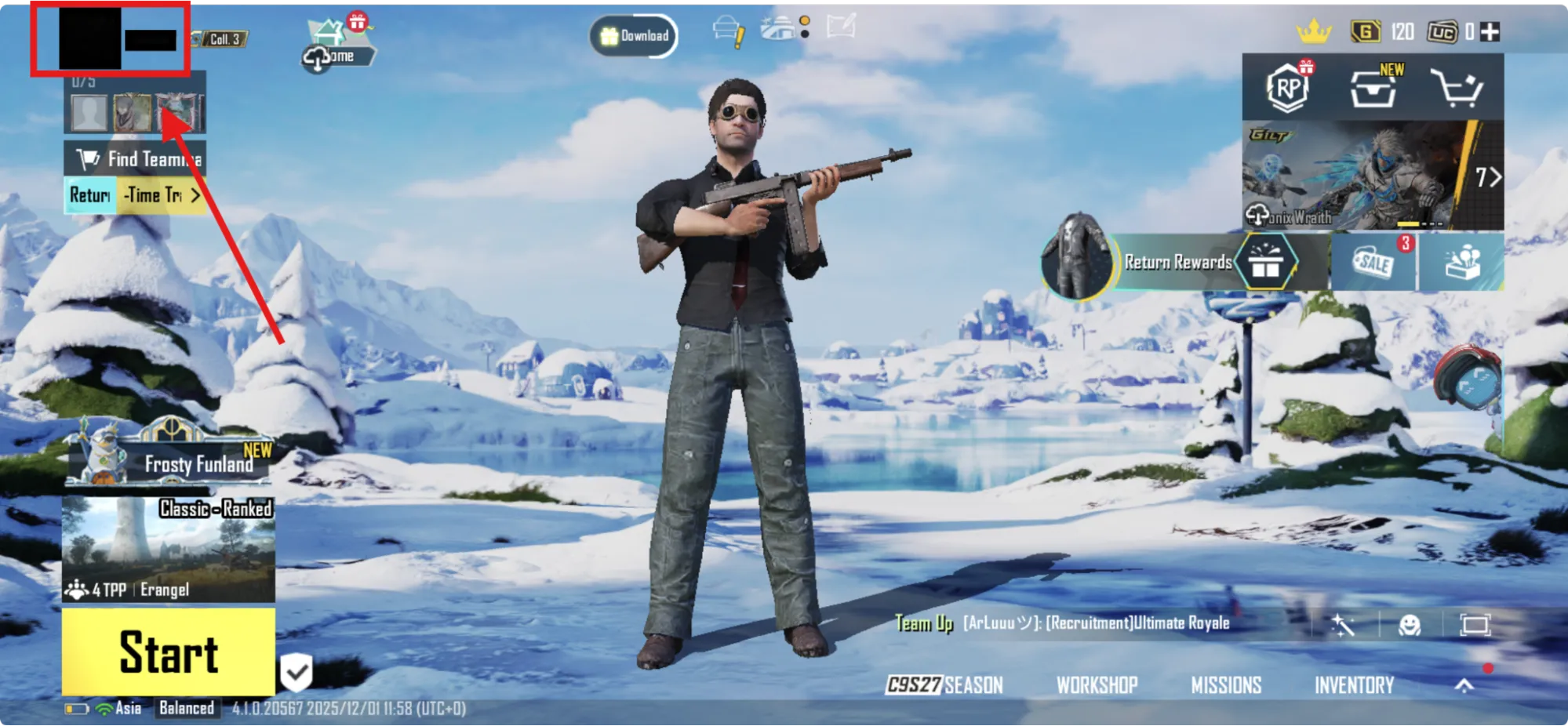 PUBG Mobile main lobby with username/avatar highlighted in top-left corner